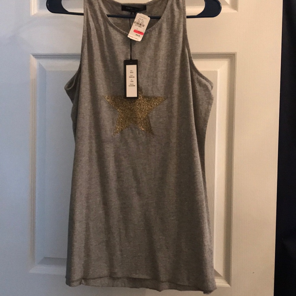 Romeo & Juliet Tank Tee Shirt Grey Tan Gold Glitter Star S $85 NWT